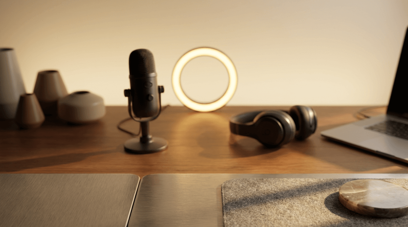 Professional podcast studio microphone with warm natural lighting