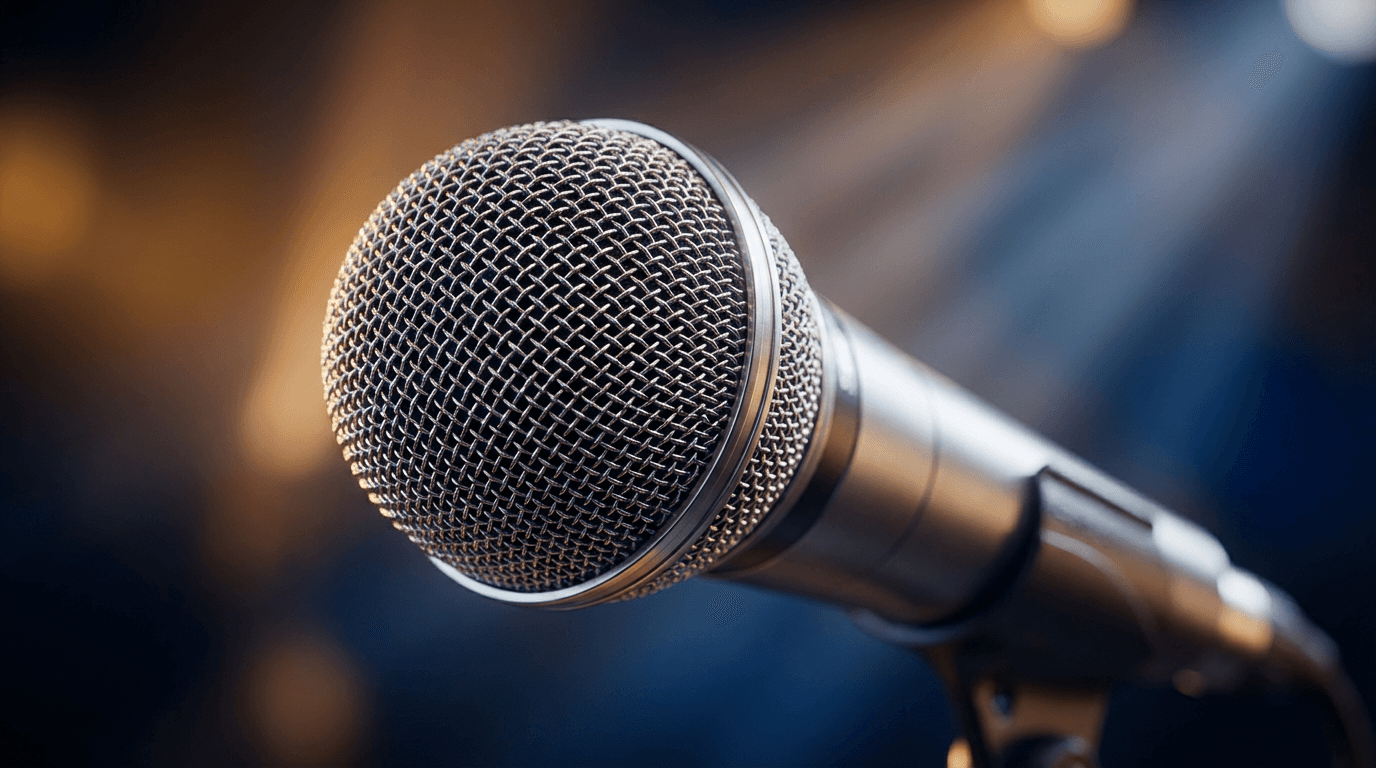 Podcast host leaning toward microphone during intense discussion