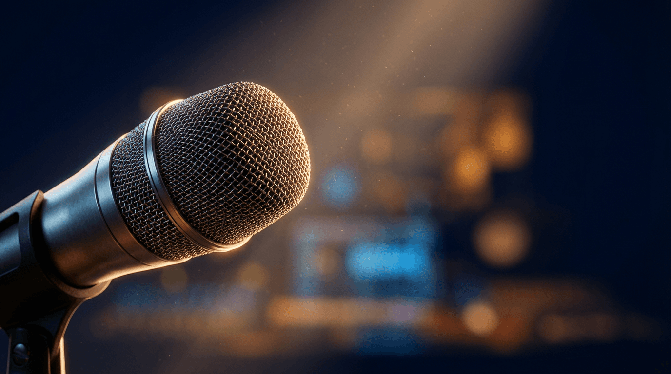 Professional podcast microphone in a warm studio setting