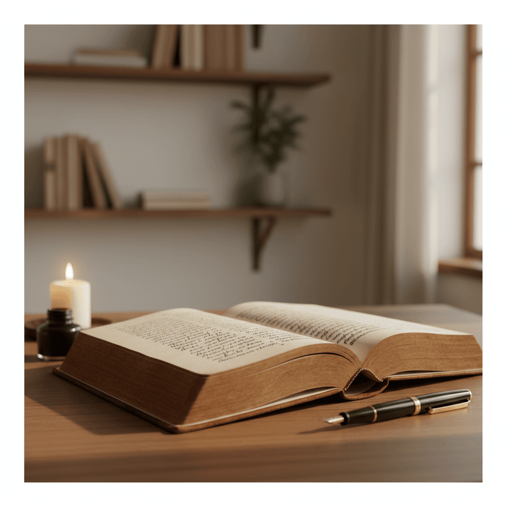 Open Bible on desk with study materials